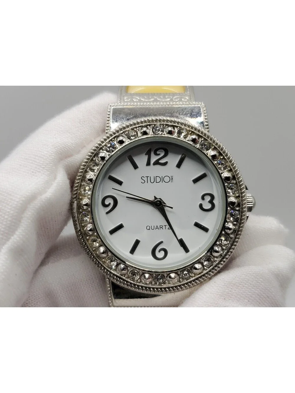 Studio Cuff Band Watch Women White Dial Yellow Stone New Battery